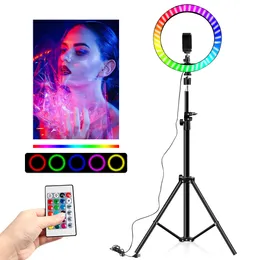 RGB Färgglada LED-ringljus 10 tum 160cm Stativ Rainbow Ringlight USB med telefonstativ 16 Ljusfärger för Live Broadcast Photo