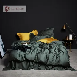 LIV-Esthete النوم العميق الأخضر 100٪ الحرير الفراش مجموعة الملكة الملك بلون غطاء لحاف ورقة السرير ورقة مسطحة سادة السرير سرير مجموعة T200826