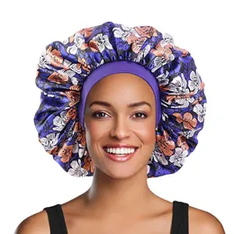 여분의 큰 새틴 보닛 수면 모자 탄성 밴드 여성 머리 랩 아프리카 패턴 인쇄 보닛 숙녀 야간 모자 터번 화학 모자