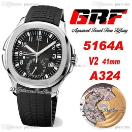 GRF V2 Travel Time 5164A GMT PP324CS A3234 Automatic Mens Watch Steel Case Black Textured Dial Stick Number Markers Rubber Strap Watches Super Edition Puretime A1