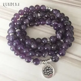 108 Amethysts Mala Yoga Bracciale Viola Natural Stone Lotus Bracciale o collana Buddha Charm Wrist 5 Bracciale avvolto Y1218