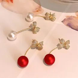 Koreanska bowknot pärla örhängen röd vit fram och tillbaka brincos femme smycken grossist