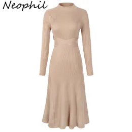 Neophil Women Winter Knitted A Line Midi Abiti O Neck Bow Sashes Manica lunga Slim Vintage Ladies Abiti eleganti D2910 201029