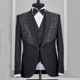 Svart One Button Beading Men Tuxedos Groom Wedding Suits Shawl Lapel Blazer Tre Pieces Groomsman Kläder Jacka Vest och Byxor