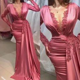 Rose Pink Prom Dresses Mermaid Lace Applique Beaded Ruffles Long Sleeves Sweep Train Illusion Bodice Custom Made Formal Evening Party Gowns Plus Size 403