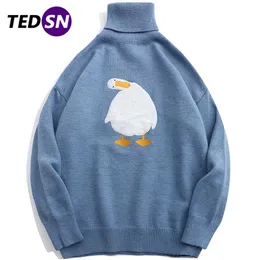 Tedsn Knit Sweter Turtleck Duck Goose Men Men Cartoon Korean Style Skiet Harajuku Pullover Streetwear Oversize Winter 220108