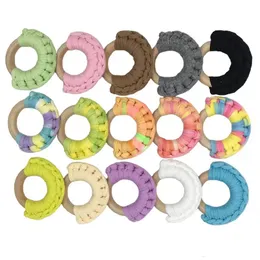 52 Colors 50mm Quality INS Baby Infant Wooden Teether Toy Healthy Wood Circle Knitted Fabric Teeth Practice Toys Training Ring