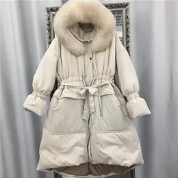 Veste d'Hiver femmes ren Fourrure de Raton Laveur Col 90% Blanc Canard Vers Le Bas Longue Parka Chaude Veste Femme Capucia Loche 201217