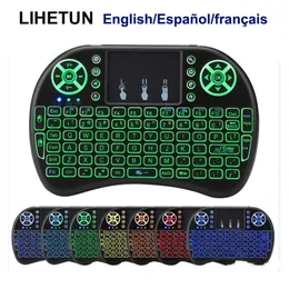 I8 Mini-teclado sem fio 7 Luz de fundo 2.4 GHz de ar-rato de ar de lítio Bateria de íons de íons de lítio Controle remoto Inglês Francês espanhol para Android TV Box PC