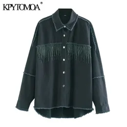 KPYTOMOA Frauen Mode Übergroße Bejeweled Denim Jacke Mantel Vintage Langarm Fayed Quaste Weibliche Oberbekleidung Chic Tops 201112
