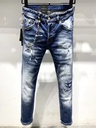 Modne europejskie i amerykańskie męskie dżinsy dżinsy w, wysokiej jakości myte, ręcznie zużyte, ciasne rozerwane motocykl Jean LT958