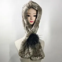 2020 Kvinnor Vinter Real Stickad Rex Fur Hooded Scarf Warm Rex Fur Head Scarf Collar Hood Scarves With Raccoon Ball