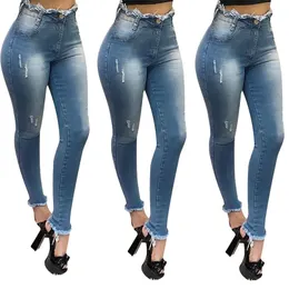 Mulheres primavera verão sexy cintura alta skinny jeans senhoras denim casual azul calças fêmea rasgado denim lápis calças lj201029