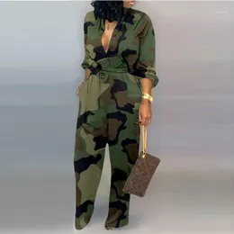 Women's V-neck jumpsuit with buttoned camouflage1