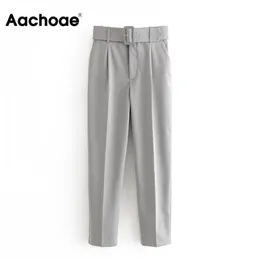 Aachoae Women Office Lady Grey Suit Pantaloni con cintura a vita alta Pantaloni lunghi casual Tasche femminili Pantaloni pieghettati solidi 201109