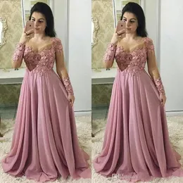 Långärmade Dammig Rosa Brudens brudklänningar Juvel Neck Illusion Lace Appliques Blommor Chiffon Party Evening Bröllop Gästklänning