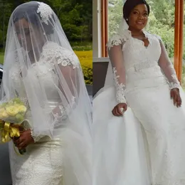 African Bridal Gowns Illsion Long Sleeve Mermaid Wedding Dresses with Detachable Train Plus Size Pearls Belt Vestido de Novia M51