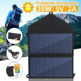 Składane 35W Panel Słoneczny Słońce Słońce Zewnątrz Komórki Słoneczne Ładowarka 5 V 2A Urządzenia wyjściowe USB Przenośne panele słoneczne do smartfonów LJ200903