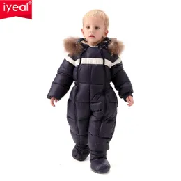 Iyeal Kids Baby Boys Ytterkläder Coats Vinter Varma Overaller Toddler Rompers Real Fur Collar Barn Flickor Vindskyddad Snowsuit 201029