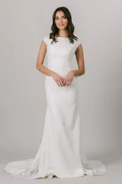 2021 Simple Mermaid Crepe Modest Wedding Dress Cap Sleeves Boat Neck Buttons Back Mermaid Bridal Gowns LDS Bride Dress Custom Made