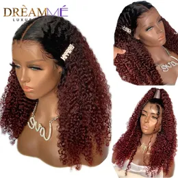 Ombre Kinky Curly Wigs Pre Plucked 13X4 Lace Front Wig Remy Brazilian 1B/99 Red Short Human Hair 150% Density