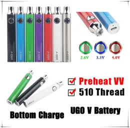 Preheat VV Variable Voltage UGO V Ego Battery Miro USB Bottom Charge 510 Thread Evod 650mAh 900mAh Batteries for full ceramic cartridges