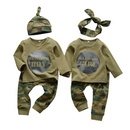 Newborn Baby Boys Girls Clothes Set Family Letter Long Sleeve T-shirt+Camouflage Pants Infant Clothing Set Toddler Outfit LJ201221