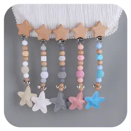 Baby Soother Clip DIY Creative Wood Cartoon Five-Pointed Star Pacifier Clips Star Bell Pacifier Chain Baby Carriage Hängande Smycken M3075