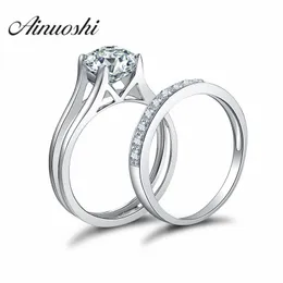 AINOUSHI 925 Sterling Silver 4 Prongs Engagement Bridal Ring Sets Sona Round Cut Wedding Anniversary Silver Bridal Ring Sets Y200106