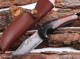 Neues gerades Überlebens-Jagdmesser mit VG10-Damaststahlklinge, feststehende Messer mit Griff aus Palisanderholz und Lederscheide