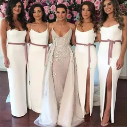 2022 Платья подружки из слоновой кости Bridesmaid Spaghetti Ремни Спагетти Оболочка с Sash Side Plit Maid of Change Change Упругости Упругости Свадьба Вестидос Плюс Размер