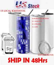 US Stock Sublimation Blanks Tumblers 20oz Rostfritt stål Straight Blank Muggar Vit Tumbler med lock och halmvärmeöverföring Presentmuggflaskor