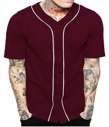 安いメンズ野球ジャージTシャツ半袖ストリートヒップホップ野球トップシャツボタンダークレッドソリッドスポーツシャツ