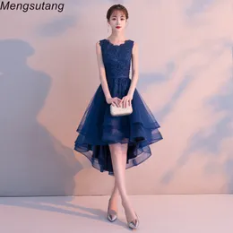 Robe de Soiree Navy Blue O-Neckノースリーブレースvestido de FestaイブニングドレスショートフロントロングバックパーティードレスプロムドレスLJ201125