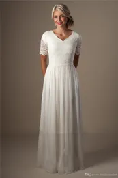 Vintage Ivory Lace Chiffon Modest Bröllopsklänningar med 1/2 Ärmar V Neck Temple Bridal Gowns Informell Bridal Klänning Anpassad Billiga
