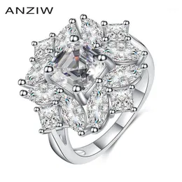 Klaster pierścienie Anziw Sterling Silver Asscher Cut White Utworzone Sona Diament Klasyczny Pierścionek zaręczynowy dla kobiet Biżuteria Prezenty Regulowane