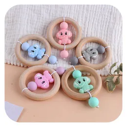 INS Cartoon Handmade Natural Wooden Baby Teether Infant Wood Ring Teethers Teething Ring Baby Toy Newborn Silicone teethers
