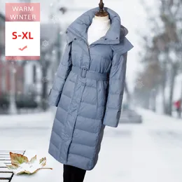 Winter Fashion Long White Duck Down Coat With Hood Detachable Female Thick Thin Warm Jacket With Belt Windproof Good Quanlity 201019