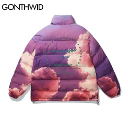 Gonthwid Cottond Pardded Jacketsストリートウェアヒップホップギャラクシーサンセットクラウドプリントフルジップ反射ジャケットコートカジュアルトップスウクエア201214