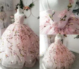 2020 Pembe Balo Çiçek Kız Elbise Dantel Çiçek Aplike Spagetti Çocuklar Pageant Elbise Custom Made Kız Doğum Günü Partisi Abiye