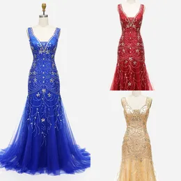 Champagne Red Blue Evening Formella Klänningar Kvinnor Lyxig Beading Crystal Pluning V-Neck Lace-up Memraid Prom Pageant Dress for Party Tulle