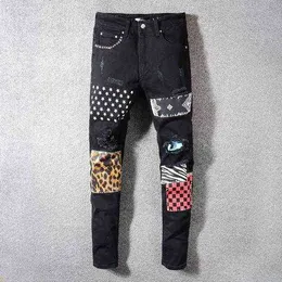 Hip-hop High Street Fashion Märke Jeans Retro Torn Fold Stitching Mäns Designer Motorcykel Ridning Slim Byxor Storlek Sky Blue Jeans för