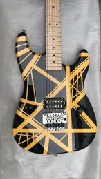 Char Edward Van Halenイエローストライプブラックエレクトリックギターフロイドローズトレモロブリッジ、メープルネックフィンガーボード、ドットインレイ、シングルピックアップ