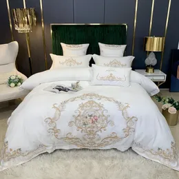 Vintage Chic Mod Embroidery Bedding White Grey Brushed Cotton Soft Duvet Cover Set Bed Sheet Pillowcases Queen King size 4Pcs 201113