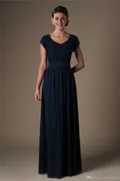 Vintage Navy Blue Lace Chiffon Modest Bridesmaid Dresses With Cap Sleeves Long Floor Evening Wedding Party Dresses Maids of Honor Dresses