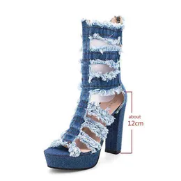 Sandals New Fashion Women High Boots Square Heel Sexy Cut-out Jeans Summer Cool Breathable Denim Women's 220310