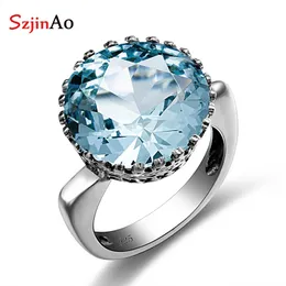 Szjinao Aquamarine Rings Sterling 실버 여성 라운드 Anillos Plata 925 파라 Mujer 큰 반지 약혼 브랜드 파인 쥬얼리 Y200321