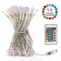 LED-Lichterkette, 16 Farbwechsel, USB-Lichter, 8 Modi, Fernbedienung, wasserdicht, Feengirlande, für draußen, Weihnachten, Hochzeit, Dekor 201130