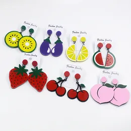 Acrylic Exaggerated Big Size Strawberry Lemon Kiwifruit Peach Stud Earrings Sweet Fruit Jewelry For Women Girl Funny Party Jewelry Gift