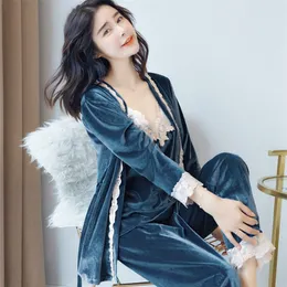 Juli's Song Autumn Winter Warm Pyjamas Set Woman Sexy Pyjamas Sleepwear For Women Sleeveless Strap Nightwear Long Pant Robe 201217